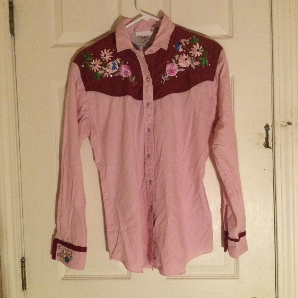 Vintage Ely’s Country Charmers sz L embroidered pink button up shirt